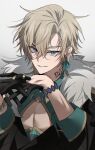 1boy aqua_shirt artist_name aventurine_(honkai:_star_rail) belt belt_collar black_belt chu_yeon cleavage_cutout closed_mouth clothing_cutout collar commentary earrings fur_trim gloves grey_background hair_between_eyes half_gloves heart_cutout highres honkai:_star_rail honkai_(series) jewelry looking_at_viewer male_focus neck_tattoo own_hands_together parted_bangs pectoral_cleavage pectorals purple_eyes shirt short_hair simple_background single_earring smile solo tattoo upper_body 