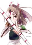  aiming_at_viewer archery bow_(weapon) brown_eyes brown_hair commentary_request foreshortening hachimaki headband kantai_collection kyuudou long_hair mikage_takashi muneate ponytail solo upper_body weapon wide_sleeves zuihou_(kantai_collection) 
