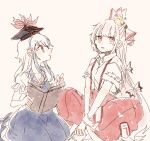  2girls animal animal_on_head bird bird_on_head blue_dress blush book bow breasts cleavage crossed_legs dress fujiwara_no_mokou hair_bow hat holding holding_book itomugi-kun kamishirasawa_keine long_hair looking_at_another multiple_girls multiple_hair_bows ofuda ofuda_on_clothes on_head pants puffy_short_sleeves puffy_sleeves red_eyes red_pants shirt short_sleeves sitting suspender_pants torn_clothes torn_sleeves touhou white_background white_hair white_shirt 