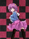  ahoge black_legwear breasts checkered checkered_background commentary_request frilled_sleeves frills highres koissa komeiji_satori large_breasts long_sleeves pink_skirt purple_eyes purple_hair short_hair skirt smile solo thighhighs third_eye touhou wide_sleeves 
