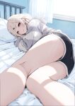  1girl aizawa_ema aizawa_ema_(4th_costume) ass bare_legs bedroom black_shorts blonde_hair blue_eyes cat_hair_ornament closed_mouth commentary curtains dolphin_shorts hair_flaps hair_ornament hairclip head_on_pillow highres hood hood_down hoodie indoors legs long_sleeves looking_at_viewer lying noli-pee_(little_stupid) on_bed on_side pillow short_shorts shorts smile solo striped_clothes striped_hoodie thighs untranslatable_commentary virtual_youtuber vspo! window 