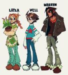  1girl 2girls brown_hair commentary denim english_commentary highres jacket jeans layla_williams leather leather_jacket long_sleeves multiple_girls pants plant potted_plant red_hair shirt shoes sky_high_(movie) the_noodle_(onebadnoodle) torn_clothes torn_pants torn_shirt warren_peace will_stronghold 