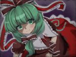  1girl arm_ribbon black_background blush closed_mouth commentary_request frilled_ribbon frilled_skirt frills front_ponytail green_eyes green_hair hair_ribbon highres kagiyama_hina long_hair looking_at_viewer musenmai1216 red_ribbon red_skirt ribbon skirt smile solo touhou 