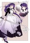  1girl alternate_costume apron black_dress black_shoes bow braid bright_pupils closed_mouth commentary_request dress enmaided floating_hair genshin_impact hair_bow high_heels holding holding_sword holding_weapon kinatsu_k long_hair long_sleeves looking_at_viewer maid multiple_views pantyhose puffy_short_sleeves puffy_sleeves purple_eyes purple_hair raiden_shogun shoes short_sleeves standing sword very_long_hair victorian_maid weapon white_apron white_bow white_pantyhose white_pupils 