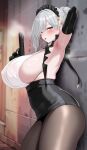  1girl absurdres azur_lane black_gloves black_pantyhose black_skirt blush breasts commentary_request cowboy_shot duncan_(azur_lane) elbow_gloves from_side gloves grey_eyes grey_hair gun handgun hci+ high-waist_skirt highres holding holding_gun holding_weapon huge_breasts mole mole_under_mouth pantyhose saliva saliva_trail sideboob skirt solo weapon 