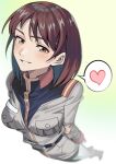  1girl belt blush breasts brown_eyes brown_hair commentary_request earth_federation gundam gundam_lost_war_chronicles heart highleg highres jacket large_breasts looking_at_viewer military military_jacket military_rank_insignia military_uniform noel_anderson open_mouth science_fiction shirt short_hair smile solo speech_bubble spoken_heart teeth yamany 