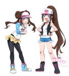  2girls :d :o black_boots black_pantyhose black_socks black_vest blue_eyes blue_shoes blue_shorts boots brown_hair commentary_request cosplay costume_switch exposed_pocket hand_on_own_chin hat hilda_(pokemon) hilda_(pokemon)_(cosplay) long_hair multiple_girls open_clothes open_mouth open_vest pantyhose pink_socks pokemon pokemon_black_2_and_white_2 pokemon_black_and_white ponytail raglan_sleeves revision rosa_(pokemon) rosa_(pokemon)_(cosplay) shirt shoes shorts sidelocks sleeveless sleeveless_shirt smile socks standing stroking_own_chin three-quarter_sleeves toi_(nisanrei121) twintails twitter_username very_long_hair vest visor_cap watermark white_background white_hat white_shirt yellow_shorts 