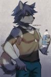  1boy animal_ears armband artist_name black_armband black_shirt black_tank_top bottle commentary dated denim dog_boy dog_ears dog_tags dog_tail drink english_commentary furry furry_male green_eyes highres holding holding_bottle holding_drink jeans jewelry kouya_aotsuki looking_to_the_side male_focus morenatsu necklace pants profile shirt sleeveless sleeveless_shirt tail tank_top vystis wristband 