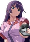  1girl absurdres bakemonogatari blue_eyes breasts closed_mouth commentary eyelashes highres holding impossible_clothes impossible_shirt kakukakusan looking_at_viewer medium_breasts monogatari_(series) naoetsu_high_school_uniform necktie pink_shirt puffy_short_sleeves puffy_sleeves purple_hair purple_necktie school_uniform senjougahara_hitagi shadow shirt short_sleeves sidelocks simple_background smile solo stapler upper_body white_background 