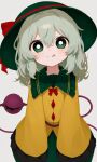  1girl :q ai-generated blush bright_pupils closed_mouth commentary_request disembodied_linked_eye frilled_sleeves frills green_hair green_hat green_skirt hat hat_ribbon highres komeiji_koishi long_sleeves looking_at_viewer medium_hair red_ribbon ribbon shirt simple_background sinraosi skirt smile solo tongue tongue_out touhou upper_body white_background white_pupils yellow_shirt 