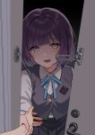  1boy 1girl black_skirt blue_ribbon collared_shirt commentary_request dress_shirt gakuen_idolmaster grey_vest hand_grab hataya_misuzu hatsuboshi_gakuen_school_uniform highres idolmaster looking_at_viewer mole mole_under_mouth neck_ribbon open_door pleated_skirt pov pov_hands purple_hair ribbon school_uniform shinima shirt short_hair skirt vest white_shirt yandere 