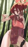  1girl absurdres ahoge bamboo bamboo_forest black_choker blue_archive breasts china_dress chinese_clothes choker commentary dress fighting_stance forest hair_between_eyes hair_bun halo highres large_breasts long_hair looking_to_the_side mole mole_on_leg nature pelvic_curtain red_dress red_eyes red_hair red_halo reijo_(blue_archive) short_sleeves single_side_bun solo ubeuna very_long_hair 