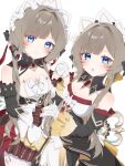  2girls absurdres black_bow black_collar black_sleeves blue_eyes blush bonnet bow breasts brown_hair cleavage closed_mouth collar commentary_request cowboy_shot detached_collar detached_sleeves dress dual_persona dutch_angle frilled_sleeves frills genshin_impact gloves hair_bow half_gloves highres holding_hands interlocked_fingers kokoaji_(koko_aj1) long_sidelocks looking_at_viewer medium_breasts multiple_girls open_mouth red_ribbon ribbon sandrone_(genshin_impact) short_hair_with_long_locks sidelocks simple_background smile thighhighs white_background white_bonnet white_gloves white_thighhighs wide_sleeves winding_key yellow_bow 