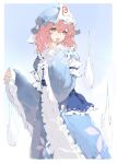  1girl absurdres askeladd6713 blue_hat blue_kimono commentary dango eating food frilled_kimono frills hat highres hitodama holding holding_skewer japanese_clothes kimono long_sleeves mob_cap petal_print pink_eyes pink_hair print_kimono saigyouji_yuyuko sanshoku_dango skewer sleeve_garter solo touhou triangular_headpiece wagashi wide_sleeves 