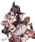  bandaged_arm bandages bare_shoulders black_hair danua draph fingerless_gloves gloves granblue_fantasy highres horns knife nabeshima_tetsuhiro red_eyes solo thumb_sucking 