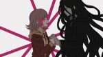  1boy 1girl :d black_hair black_jacket black_necktie blood blood_on_face brown_hair brown_jacket collared_shirt colored_blood commentary_request danganronpa_(series) danganronpa_3_(anime) facing_another flipped_hair formal_clothes from_side holding_hands hope's_peak_academy_school_uniform ixxuge jacket kamukura_izuru korean_commentary long_hair looking_at_another nanami_chiaki neck_ribbon necktie open_clothes open_jacket pink_background pink_blood red_ribbon ribbon school_uniform shirt smile white_background 