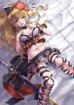  blonde_hair blush boots bow breasts cleavage cross-laced_footwear granblue_fantasy hair_bow highres lace-up_boots large_breasts long_hair looking_at_viewer lying midriff on_back open_mouth ponytail red_eyes revision rin2008 smile solo swimsuit sword vira_lilie weapon 