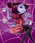  1girl black_legwear bow bowtie dress extra_arms grey_skin hair_bow heart insect_girl monster_girl muffet multiple_arms short_hair simple_background smile solo teapot teatime_(mike) undertale 