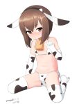  1girl absurdres animal_ears animal_print bell bikini brown_eyes brown_hair commentary_request cow_ears cow_horns cow_print cow_print_bikini cow_print_gloves cow_print_thighhighs cow_tail cowbell dated elbow_gloves fake_animal_ears fake_horns flat_chest gloves highres horns kantai_collection maru_(marg0613) print_bikini print_gloves print_thighhighs short_hair short_hair_with_long_locks simple_background sitting solo spread_legs swimsuit taihou_(kancolle) tail thighhighs twitter_username wariza white_background white_bikini white_gloves white_thighhighs 