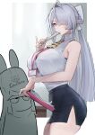  2girls alternate_costume ascot bare_shoulders black_skirt breasts commentary_request cowboy_shot from_behind grey_hair grey_hat hair_over_one_eye hand_fan hat highres holding holding_fan large_breasts long_hair looking_at_another looking_at_viewer mole mole_under_mouth multiple_girls norma_hollowell pointy_ears purple_eyes shirt skirt takeclaire velina_airgid white_shirt yellow_ascot zenless_zone_zero 