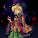  blood blood_on_face bloody_clothes bloody_hands bloody_tears bow commentary_request eyepatch floral_print green_hair hat hat_bow hat_ribbon heart heart_of_string koissa komeiji_koishi long_sleeves open_mouth ribbon scissors short_hair silver_hair skirt solo third_eye touhou wide_sleeves 