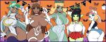  5girls animal_ears ass bandaged_arm bandages baseball_cap black_shirt blue_eyes boku_no_hero_academia breasts character_name claw_pose cleavage closed_mouth colored_skin commentary cosplay covered_navel dark-skinned_female dark_elf dark_skin darkstalkers denim denim_shorts dress earrings elf english_commentary eyebrows_hidden_by_hair felicia_(darkstalkers) female_goblin from_behind goblin green_eyes green_hat green_skin groin halloween_costume hand_on_own_chest hand_on_own_hip hat highres huge_ass huge_breasts iggybomb japanese_clothes jewelry large_breasts lipstick long_hair looking_at_viewer looking_to_the_side makeup medium_hair miko minta_choco_(iggybomb) mirko mirko_(cosplay) mocha_choco_(iggybomb) multiple_girls navel open_mouth original pointy_ears rabbit_ears rabbit_girl rabbit_tail red_eyes red_skirt shirt short_shorts shorts shortstack single_earring skirt smile solid_circle_eyes stitched_leg stitches stomach tail thighhighs very_long_hair white_dress white_thighhighs zombie 