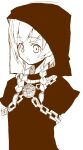  1girl braid brown_theme chain cloak curse_maker curse_maker_2 hood hood_up hooded_cloak jaggy_lines long_hair looking_at_viewer medallion monochrome oekaki parted_lips ryoutya sekaiju_no_meikyuu sekaiju_no_meikyuu_1 simple_background solo twin_braids upper_body white_background 
