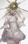  1boy bridal_gauntlets choker commentary corset covered_eyes cowboy_shot cross cuso4_suiwabutu dark_souls_(series) dark_souls_i dark_sun_gwyndolin dress duplicate frilled_choker frilled_dress frills garter_straps gloves gold_headwear helmet helmet_over_eyes highres short_hair simple_background single_bare_shoulder single_glove solo spiked_helmet standing strapless strapless_dress thigh_strap thighs trap veil wavy_hair white_background white_bridal_gauntlets white_choker white_corset white_dress white_hair white_veil white_wings wings 