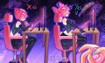  1girl abstract_background absurdres ahoge aqua_nails baguette bare_shoulders black_boots black_gloves black_shirt black_skirt blush boots bread chair collared_shirt computer correct_gaming_posture_(meme) desk drawing_(action) drawing_tablet drill_hair eating elbow_gloves fat fingerless_gloves fingernails food gloves hair_between_eyes highres kasane_teto kasane_teto_(utau) long_fingernails meme open_mouth pleated_skirt pov pov_hands red_eyes red_hair red_trim remote_control_vibrator sex_toy shirt sitting skirt sleeveless sleeveless_shirt surprised swivel_chair thigh_boots tuiffff twin_drills utau vibrator 