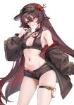  00nanona 1girl alternate_costume bikini breasts brown_hair brown_jacket brown_shorts clenched_teeth commentary_request flower-shaped_pupils genshin_impact highres holding holding_whistle hu_tao_(genshin_impact) jacket long_hair medium_breasts micro_shorts navel off_shoulder open_fly red_bikini red_eyes shorts simple_background solo stomach swimsuit symbol-shaped_pupils teeth twintails visor_cap whistle white_background 