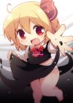  1girl :d ascot bare_legs barefoot black_background black_skirt black_vest blonde_hair blush clothes_lift collared_shirt commentary_request double-parted_bangs fang foot_out_of_frame hair_between_eyes hair_ribbon highres lifting_own_clothes long_sleeves looking_at_viewer matatabi_(nigatsu) open_mouth outstretched_arm panties red_ascot red_eyes red_ribbon ribbon rumia shirt short_hair skirt skirt_lift smile solo touhou underwear vest white_panties white_shirt 