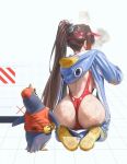 1girl 1other animal_costume animal_hood ass backboob bag bird bird_costume boninit breasts commentary_request crocs from_behind full_body game_screenshot goddess_of_victory:_nikke hood long_hair marciana_(marine_study)_(nikke) marciana_(nikke) official_art onesie open_onesie penguin penguin_costume penguin_hair_ornament penguin_hood penguin_ornament penguin_squad_(nikke) ponytail red_slingshot_swimsuit red_visor_cap sand_on_skin seiza shoe_soles shoulder_bag sitting slingshot_swimsuit swimsuit very_long_hair visor_cap 