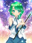  alternate_hair_length alternate_hairstyle aqua_eyes bare_shoulders breasts cowboy_shot detached_sleeves frog_hair_ornament gohei hair_ornament kochiya_sanae large_breasts looking_to_the_side nontraditional_miko short_hair smile snake_hair_ornament solo star starry_background tanakana touhou 