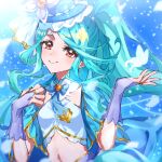  1girl asahina_(asahina_0428) blue_background blue_bow blue_bowtie blue_capelet blue_hair blue_hat blue_nails blue_ribbon blue_tube_top bow bow_earrings bowtie breasts bridal_gauntlets brooch bug butterfly butterfly_hat_ornament capelet closed_mouth commentary_request cure_eclair earrings hat hat_ornament hat_ribbon heart heart_brooch highres howa_kurea jewelry long_hair looking_at_viewer magical_girl meitantei_precure! midriff nail_polish navel parted_bangs ponytail precure purple_bridal_gauntlets red_eyes ribbon sidelocks small_breasts smile solo strapless tube_top upper_body 