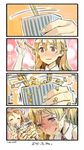  4koma :q bare_shoulders blonde_hair blush braid brown_hair chopsticks comic commentary detached_sleeves food french_braid headdress heart heart-shaped_pupils kantai_collection littorio_(kantai_collection) long_hair long_sleeves multiple_girls nattou necktie nonco nose_blush ponytail smile sparkle sweatdrop symbol-shaped_pupils tongue tongue_out translated wavy_hair zara_(kantai_collection) 