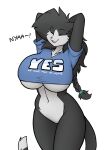 2026 anthro big_breasts big_hair biped black_body black_eyebrows black_fur black_hair black_inner_ear black_inner_ear_fluff black_nose blue_clothing blue_shirt blue_t-shirt blue_topwear bottomless breasts cheek_tuft claws clothed clothing collarbone colored countershade_breasts countershade_face countershade_fur countershade_neck countershade_torso countershading curvy_figure dark_body dark_fur dark_hair detailed digital_drawing_(artwork) digital_media_(artwork) domestic_cat english_text exclamation_point eyebrows eyelashes eyes_closed facial_tuft featureless_crotch felid feline felis female female_anthro fur hair hands_behind_head hexteknik hi_res hourglass_figure huge_breasts inner_ear_fluff light_body light_breasts light_clothing light_face light_fur light_neck mammal mostly_nude mostly_nude_anthro mostly_nude_female multicolored_body multicolored_fur navel nya open_mouth open_smile piki_(hexteknik) pink_tongue pointy_ears ponytail prick_ears raised_arms shirt shirt_only simple_background small_nose smile solo standing t-shirt t-shirt_only tail text text_on_clothing text_on_shirt text_on_t-shirt text_on_topwear thick_thighs thin_eyebrows tongue topwear topwear_only tuft two_tone_body two_tone_fur under_boob voluptuous voluptuous_anthro voluptuous_female white_back white_body white_fur wide_hipped_anthro wide_hipped_female wide_hips yawn yawning_position