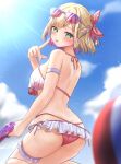  1girl :p arm_strap ass back ball bare_shoulders beachball bikini blonde_hair blue_sky blush bow braid breasts closed_mouth cloud cloudy_sky colored_inner_hair commentary day eyewear_on_head finger_to_face fingernails frilled_bikini frills from_behind green_eyes hair_bow highres holding holding_water_gun index_finger_raised kurumi_noah large_breasts looking_at_viewer looking_back median_furrow medium_hair multi-strapped_bikini_bottom multicolored_hair outdoors pink-framed_eyewear pink_hair polka_dot polka_dot_bow purple-tinted_eyewear purple_hair red-tinted_eyewear red_bikini red_bow short_hair shoulder_blades side-tie_bikini_bottom sideboob skindentation sky smile solo string_bikini sunglasses swimsuit tenkey_toko thigh_strap thighs tinted_eyewear tongue tongue_out two-tone_hair virtual_youtuber vspo! water_gun white_bikini 