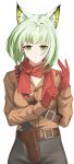  1girl absurdres adjusting_clothes adjusting_gloves animal_ear_fluff animal_ears arknights belt belt_buckle brown_belt brown_shirt buckle buttons cat_ears cat_girl chinese_commentary closed_mouth commentary_request cosplay expressionless gloves green_eyes grey_hair gun handgun highres holstered kal'tsit_(arknights) long_sleeves looking_at_viewer metal_gear_(series) metal_gear_solid_v:_the_phantom_pain red_gloves red_scarf revolver_ocelot revolver_ocelot_(cosplay) scarf shirt short_hair simple_background solo weapon white_background xiaoshi_zai_huanghun_de_feng 