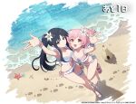  2girls :d animal ankle_strap arm_up artist_request assault_lily bare_arms bare_shoulders beach bikini black_hair blue_bikini blue_bow blue_sandals border bow bow_bikini breasts cleavage closed_mouth commentary_request countdown countdown_illustration day flower footprints footwear_bow frilled_bikini frilled_thigh_strap frills from_above full_body hair_flower hair_ornament halterneck hermit_crab hitotsuyanagi_riri jewelry leg_up light_particles long_hair looking_at_viewer looking_up medium_breasts multi-strapped_bikini_top multiple_girls official_alternate_costume official_alternate_hairstyle official_art one_side_up open_hand open_mouth outdoors outstretched_arm pink_bikini pink_bow pink_eyes pink_sandals purple_eyes ring sand_castle sand_sculpture sandals shadow shirai_yuyu short_hair side_ponytail sidelocks smile standing standing_on_one_leg swimsuit thigh_strap translated water white_border white_flower 