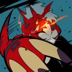  blue_background breath_weapon breathing_fire digimon digimon_(creature) dragon fire grey_hair growmon highres horns no_humans ridgeone sharp_teeth teeth yellow_eyes 