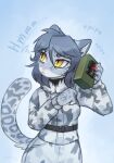 absurd_res anthro arctic_avenger bomb camo clothing counter-strike dipfanken explosives felid female hi_res mammal military_uniform pantherine pink_nose simple_background snow_leopard solo text uniform yellow_eyes