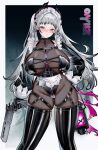  1girl a_yue_hun_zi absurdres alternate_breast_size_(larger) alternate_costume arknights black_bodystocking black_boots black_gloves black_leotard boots breasts chinese_commentary commentary_request cross_scar fire gloves grey_eyes grey_hair gun handgun head_wings highres holding holding_gun holding_lantern holding_weapon huge_breasts irene_(arknights) lantern latex latex_boots leotard long_hair maid_headdress parted_lips pink_fire pink_pupils revealing_clothes scar scar_across_eye scar_on_face solo thigh_boots twintails weapon wings 