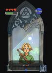  1boy :o absurdres blonde_hair blue_eyes child commentary curtained_hair despite_everything_it's_still_you_(meme) english_commentary english_text green_hat green_tunic hat heads-up_display highres jacket_mine kokiri_sword link male_focus meme navi pointy_ears pov reflection reflection_focus reflective_surface solo sword sword_on_back the_legend_of_zelda the_legend_of_zelda:_ocarina_of_time triforce tunic upper_body user_interface video_game_dialogue_box weapon weapon_on_back window young_link 