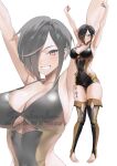  1girl absurdres arms_up black_hair black_leotard brown_eyes character_request commission full_body grin hair_over_one_eye highres leotard original sebakanken short_hair smile stirrup_legwear tacet_mark_(wuthering_waves) thighhighs toeless_legwear watermark zoom_layer 