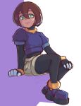  1girl :3 aile_(mega_man_zx) black_bodysuit blue_jacket bodysuit commentary cropped_jacket facing_viewer full_body ghosty_entity green_eyes hand_on_own_knee highres invisible_chair jacket mega_man_(series) mega_man_zx robot_ears short_hair shorts sideways_glance sitting solo white_shorts 