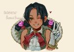  1girl ;) black_hair commentary_request dark-skinned_female dark_skin dated flower gloves grin hair_flower hair_ornament heart kotonoha_kasumi lily_hawk looking_at_viewer one_eye_closed simple_background smile solo street_fighter street_fighter_6 twintails upper_body vest white_gloves 