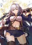  ahoge antique_firearm belt blue_eyes boots breasts carrying_over_shoulder firearm granblue_fantasy gun hayama_eishi large_breasts long_hair long_sleeves midriff navel rifle scope silva_(granblue_fantasy) silver_hair skirt solo thigh_boots thighhighs weapon white_background yellow_eyes 