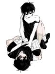  2boys antenna_hair black_eyes black_hair black_sweater_vest black_tank_top black_thighhighs closed_mouth collarbone collared_shirt commentary danmuji_07 dual_persona hair_between_eyes highres holding holding_knife knee_up knife looking_at_another lying male_focus multiple_boys omori omori_(omori) on_back parted_lips shirt short_hair shorts simple_background straddling striped_clothes striped_shorts sunny_(omori) sweater_vest tank_top thighhighs vertical-striped_clothes vertical-striped_shorts white_background white_shirt white_shorts 