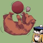  1girl ball bear blonde_hair brown_bear brown_fur claws closed_mouth commentary_request full_body fur-trimmed_headwear fur_trim green_background gunner_(sekaiju) gunner_2_(sekaiju) gustav360 jack_frost_(megami_tensei) long_hair looking_at_viewer lowres pet_(sekaiju) pet_2_(sekaiju) playing pom_pom_(clothes) sekaiju_no_meikyuu sekaiju_no_meikyuu_2 simple_background sweatdrop upper_body v-shaped_eyebrows 