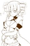  1girl belt blunt_bangs breasts cleavage closed_mouth coat dark_hunter_(sekaiju) dark_hunter_4 drill_hair fur-trimmed_coat fur_trim highres looking_at_viewer medium_breasts medium_hair monochrome navel ryoutya sekaiju_no_meikyuu sekaiju_no_meikyuu_1 simple_background sketch smile solo standing twin_drills white_background 
